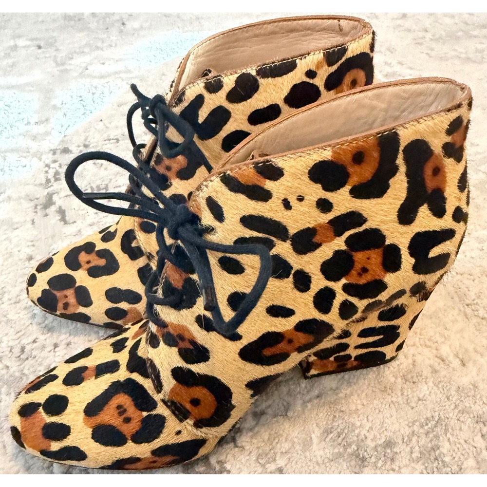 Kate Spade Leopard Print Calf Hair Lace Up Ankle Booties Block Heel 6M Brazil